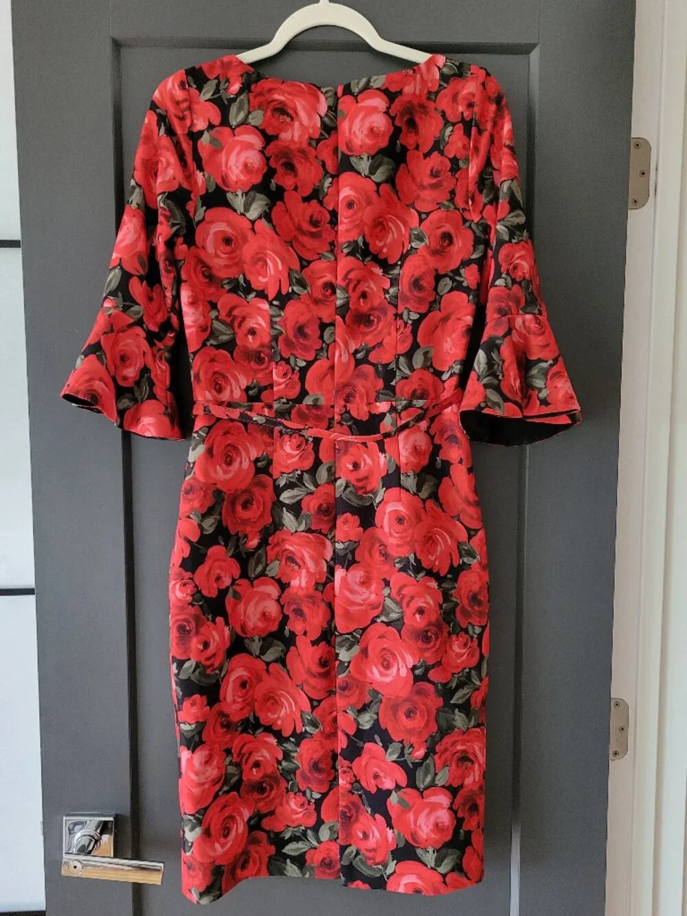David Meister Red Rose Floral Bell Sleeve Belted Sheath Dress Size 6